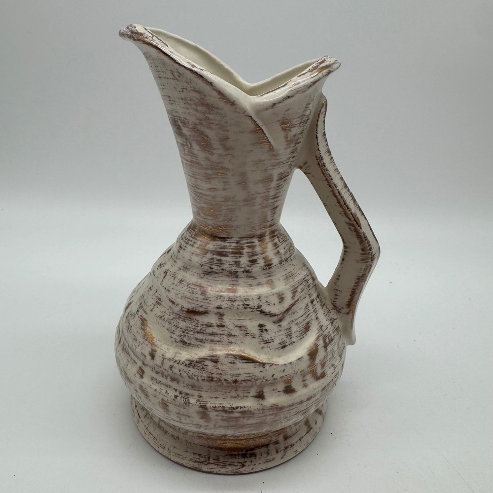 Vtg Faux Bois White Brown Ceramic Pitcher Ewer Art Pottery Wood Grain Bark Decor